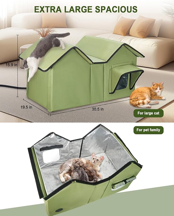 Extra Wide Large Heated Cat House for Outside, Elevated Waterproof Outdoor Cat House Weatherproof for Winter, Insulated Outdoor Cat Shelter with Escape Doors and Heating Pad for Multiple Cats, Green