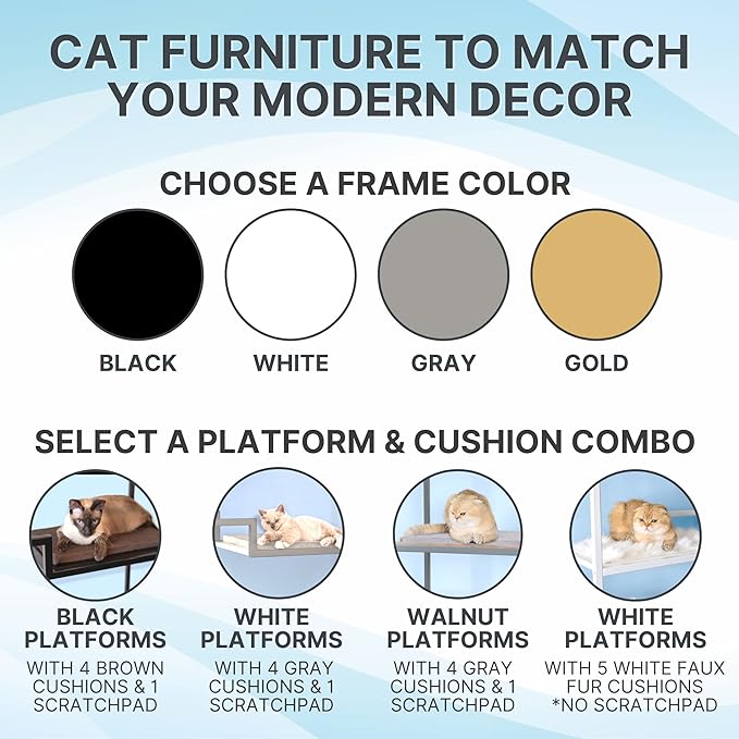 Refined Feline Metropolitan Cat Condo - 62 Inch Tall Modern Cat Tower, Black Metal Frame, Multi-Level, White Platforms & Scratching Post