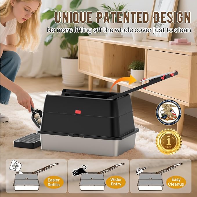 Stainless Steel Litter Box: Enclosed Cat Litter Box with Flip Lid Self Cleaning and High Sided Top Entry Design, XL Extra Large Metal Kitty Litter Pan Tray for Big Cats, Built-in Carbon Filter Pouch