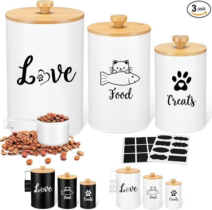 Metal Airtight Cat Treat Container Set of 3 with Bamboo Lids and Spoon Cat Food Storage Container with DIY Labels Pen Pet Cookie Snack Food Storage Organizer Jars for Kitchen Counter(White)