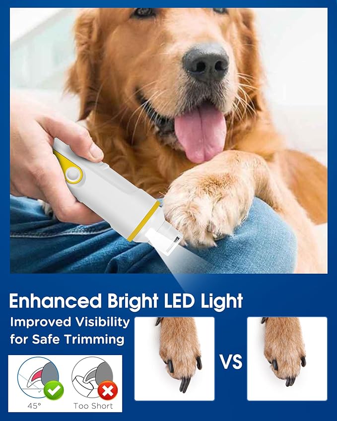 Dog Nail Grinder with Enhanced LED Light – Super Quiet, 2-Speed, USB-C Rechargeable, LED Smart Display, 3 Grinding Options, Pet Nail Trimmer for Dogs Cats and All Pet Sizes