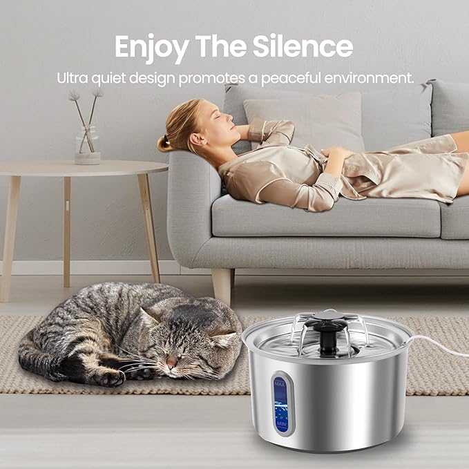 3L/101oz Stainless Steel Cat Water Fountain for Indoor Use - Ultra Quiet Automatic, BPA-Free LED Window for Cats/Small Dogs (Silver+2 Filters+2 Sponges, Large)