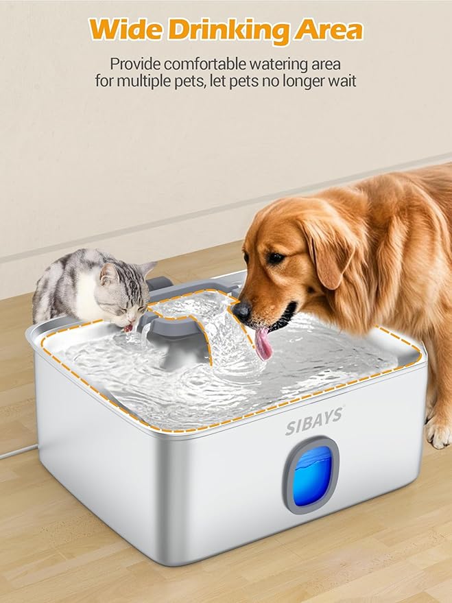 SIBAYS 4Gal/15L Large Dog Water Fountain, Stainless Steel Pet Fountain with Water Window & LED Light, Ultra Quiet Automatic Dog Water Bowl Dispenser for Large Dogs & Multi-pet, Easy to Clean(FS76)