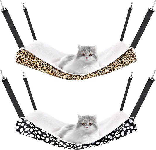 2 Pieces Reversible Cat Hanging Hammock Soft Breathable Pet Cage Hammock with Adjustable Straps and Metal Hooks Double Sided Hanging Bed for Small Dogs Rabbits(Leopard and Dot,L)