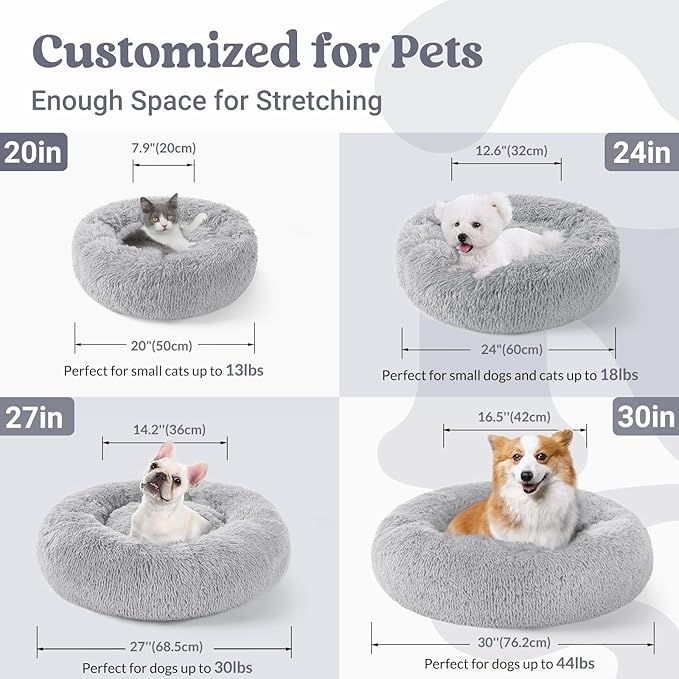 rabbitgoo Calming Dog Bed for Small Medium, 30 inches Pet Bed Machine Washable, Non-Slip Round Fluffy Plush Faux Fur Large Cat Cushion, Soft Donut Cuddler Cushion for Small Dogs, Light Grey