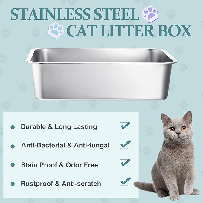 Gerrii 3 Packs Extra Large Stainless Steel Litter Box for Cat with High Sides, Non Stick Smooth Surface, Easy to Clean for Cat Bunny(23.6 x 15.7 x 5.9'')