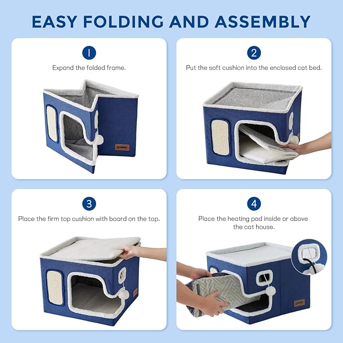 Heated Cat House for Indoor Cats - Cat Warming Bed for Winter with Fluffy Ball Hanging and Adjustable Heating Pad, Foldable Cat Hideaway,16.5x16.5x13 inches, Navy Blue