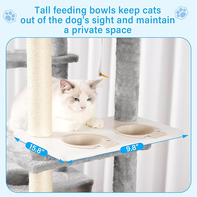 Hey-brother Cat Tree, 70.8 Inches Multi-Level Cat Tree Tower for Large Cats, Heavy Duty Cat Tower with Cat Condo,Baskets, Cat Scratching Posts, Big Hammock and Food Bowls, Light Gray MPJ036W