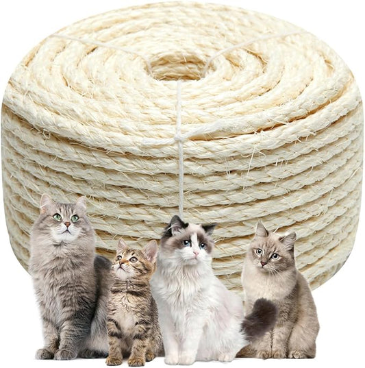 White Sisal Rope 1/4 Inch by 32-Feet for Cat Scratching Post Tree Tower Replacement Repair and Replace, DIY Hemp Twine Rope for Kittens Shelves Furniture Window Bed Perch House Climbing, 6mm by 10m