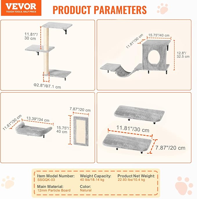 VEVOR Wall Mounted Cat Shelves, Perches with Jumping Boards, Hammock, Sofa, Cat Furniture and Shelves up to 40 lbs for Sleeping, Playing, Climbing, Set of 6