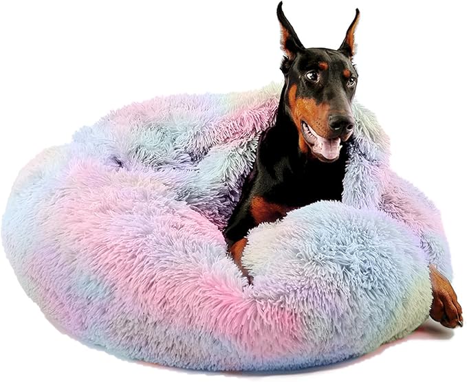Himax Dog Beds for Large Dogs, Donut Dog Bed with Blanket Attached, Calming Round Dogs Beds Washable(20"/26"/35") Multicolor