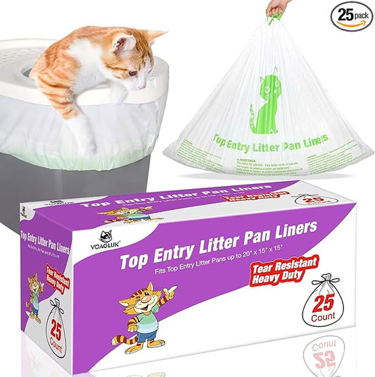 Cat Litter Box Liners Compatible with Top Entry Litter Pans Model, Heavy Duty Tear Resistant Large Litter Pan Liners 25 Count Drawstring Litter Liner Bags