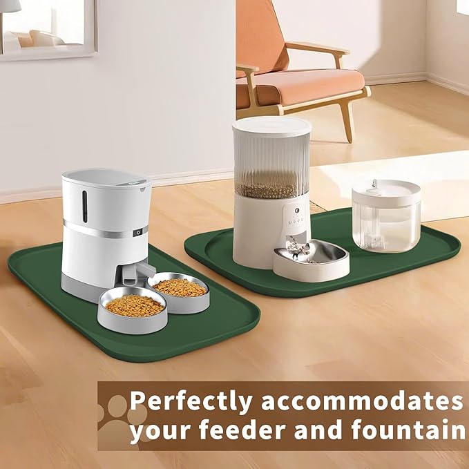 Silicone Pet Feeding Mat with Raised Edge & Residue Collection Pocket for Food and Water, Dog Bowl Mats, Cat Bowls Placemat with High Lip for Floor Waterproof, 19 x 12 x 0.7 Dark Olive