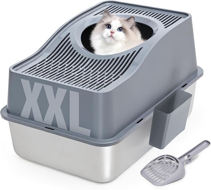 Top Entry Cat Litter Box with Lid, Stainless Steel XXL Enclosed Cat Kitty Litterbox, Extra Large Metal High Side Litter Pan Tray Box Enclosure Easy Cleaning Anti-Leakage