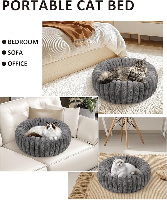 Round Cat Bed Kitten Beds, Gray Donut Small Cats Bed, Washable Super Soft Plush Faux Fur Pet Beds with Anti-Slip Bottom, 20x20x7 Inch Cat Cave Beds Calming Bed Cute Puppy Beds for Indoor