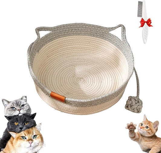 Stimulicat Cat Bed, Stimulicat Handwoven Cat Basket, Foldable Round Cotton Rope Cats Beds with Toy Tail and Built-in Scratching Pad, Scratch Resistance Easy to Clean (Gray, Medium)