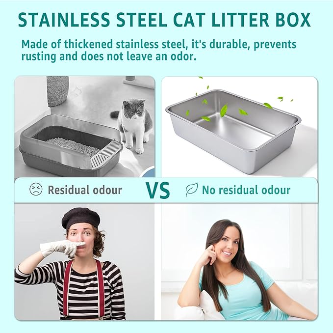 Stainless Steel Litter Box, 23.6“x15.7"x6" Deep Stainless Steel Cat Litter Box Extra Large, XL Metal Litterbox for Big Cats with High Sides, Non Stick Surface, Easy to Clean