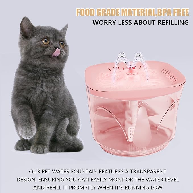 Cat Water Fountain - BOODIDI Ultra Silent Pet Drinking Fountain for Cats and Small Dogs, Indoor Water Fountain, 2.4L/2.5QT Capacity, with Replacement Filters (Pink)