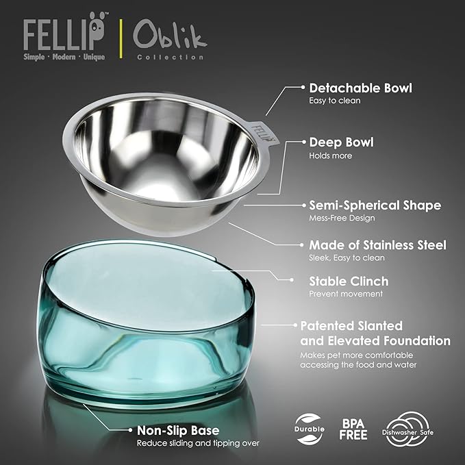 Felli Oblik Raised Dog Food Water Bowls for Small Short-Leg Dogs, Removable Stainless Steel Dish Dishwasher Safe, No Spill Tilted Metal Feeder for French Bulldog, Maine Coon Cats (1.5Cup, Classic)