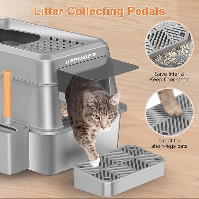 URPOWER Stainless Steel Cat Litter Box with Lid Extra Large Enclosed Litter Box for Cats Non-Sticky Metal Pan with High Sided Enclosure & Scoop, Front & Top Entry, Anti-Leakage, Easy Cleaning