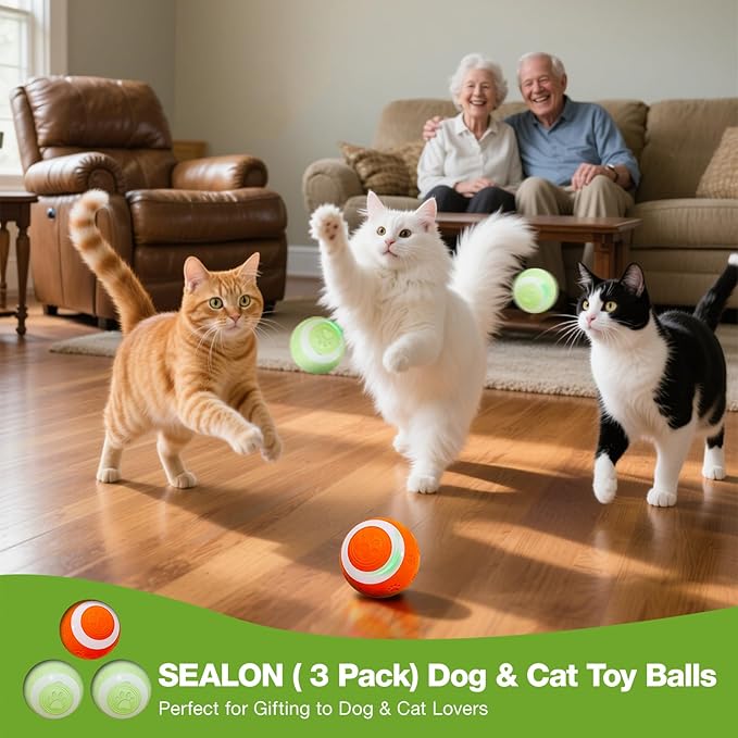 SEALON Electric Interactive Dog & Cat Toy Ball(3 Pack) Indoor Cat Play Ball, Suitable for Cats Over 6 Months for Exercise, Weight Loss, and Fun