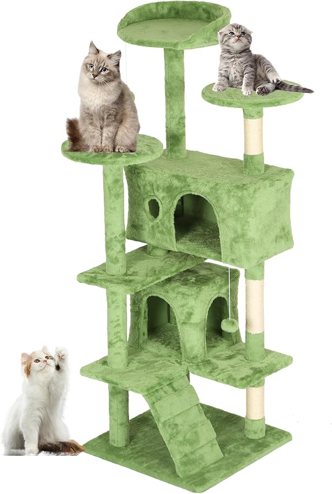 FDW Cat Tree 54in Cat Tower Multi-Level Durable Cat Scratching Post & Cozy Fun Cat Jumping Platform Space Saving Cat Condo Pet Play House for Indoor Cats,Green