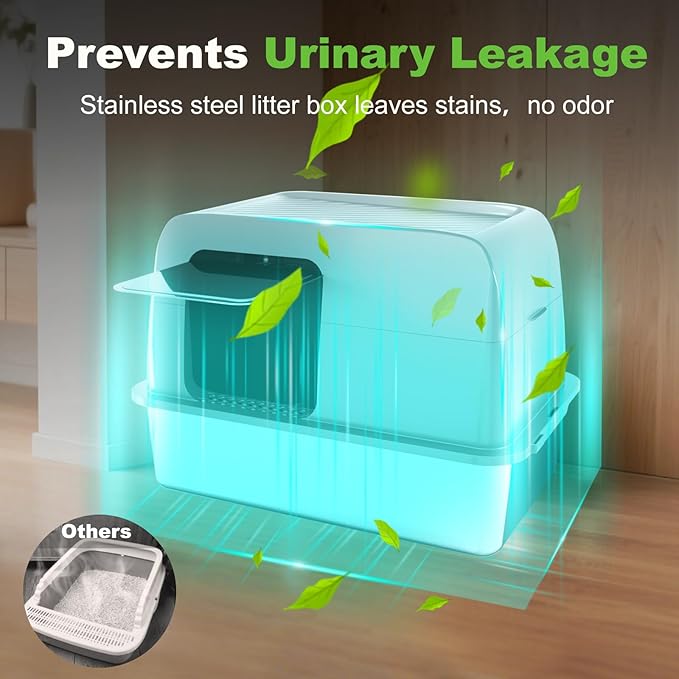 XL Stainless Steel Litter Box with Lid, Extra Large Enclosed Cat Litter Box for Big Cats, High Sided for No-Mess & Odor Control, Easy Clean Metal Pan with Scoop(Grey)