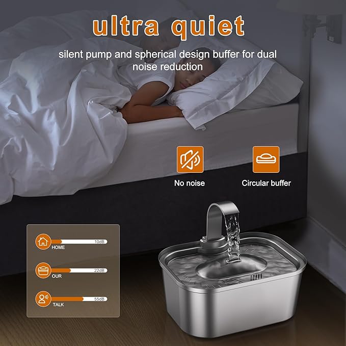 Bobo&Dragon Automatic Stainless Steel Cat Water Fountain Indoor with Quiet Pump & Built-in Filter - 124oz/3.5L Cat & Dog Water Dispenser, Easy Clean Waterfall Design Metal Dish Bowl