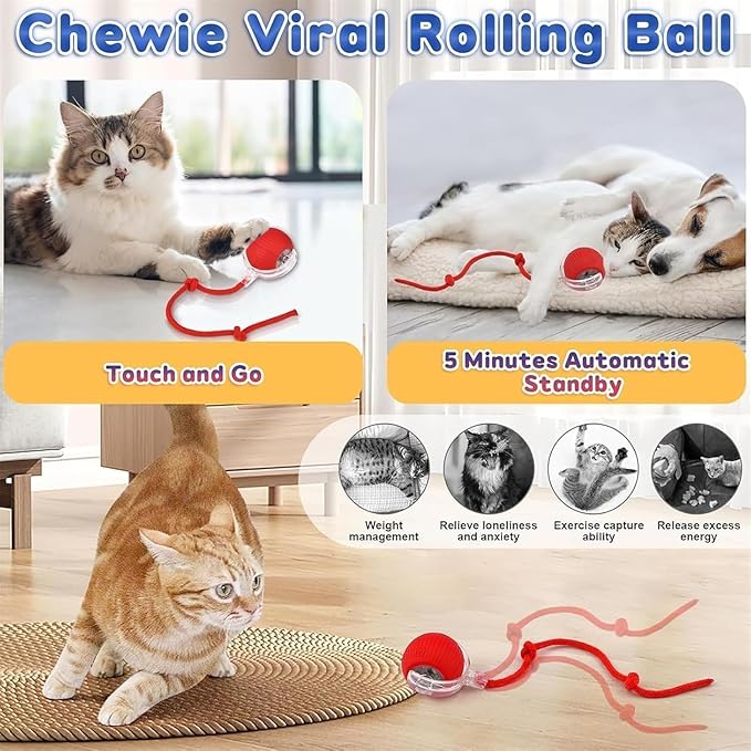 Interactive Dog Cat Toy Ball, Automatic Moving Bouncing Rolling, with 3 Mode Adjustable Speed, Pet Smart Chase Ball Rechargeable, Enrichment Toys for Bored Indoor Adult Cats/Dogs