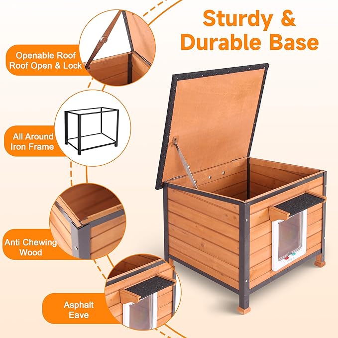 Insulated Cat House Outdoor, Wooden Feral Cat Shelter Weatherproof with Thickened Insulated Liner Keep Warm in Winter for Intdoor Cats, Dogs