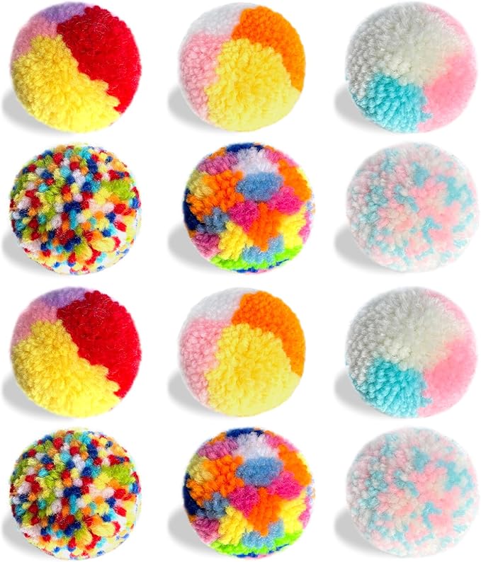 Assorted Color Cat Ball Toys, Woolen Yarn Puffs Pom Balls Interactive Kitten Chasing Toys Cat Chase Balls (12Pcs)
