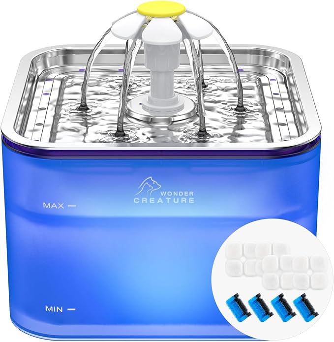 Crystal Cat Water Fountain Stainless Steel with 4 Filters and 4 Sponges, 101oz/3L Pet Fountain with LED Light for Cats and Dogs (Blue)