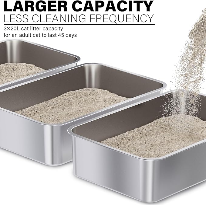 Stainless Steel Litter Box 3 Pack, 23.6" X 15.7" X 6" Extra Large Cat Litterbox No Smell, XL Metal Litter Box for Big Kitty, Multiple Cats, Non Stick, Easy Cleaning