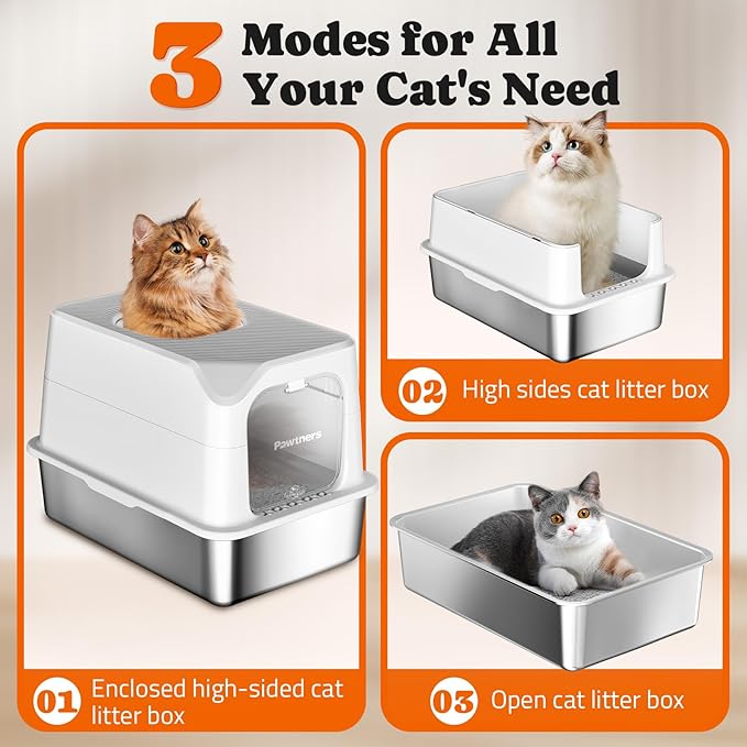 Pawtners Stainless Steel Cat Litter Box, XL Extra Large Kitty Litter Pan, Front Entry Top Exit Enclosed Metal Cat Toilet for Odor Control with Removable Lid & Scoop, Anti-Leakage, Easy to Clean