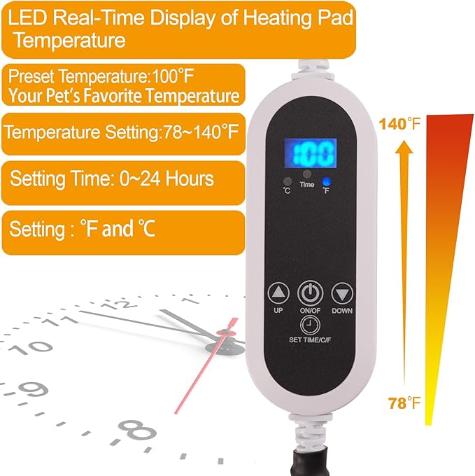 Pet Heating Pad,LED Real-Time Display of Heating Pad Temperature,Heaed Bed for Dogs Cats,Preset Temperature and time.with Includes Soft Washable Fleece Cover,17 "X 26"