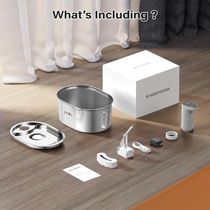 Wireless Cat Water Fountain Stainless Steel, 108oz/3.2L Cat Fountain Battery Operated, Automatic Cordless Water Fountains for Cats Indoor with Auto Shut Off Pump, Pet Water Dispenser for Cats Dogs