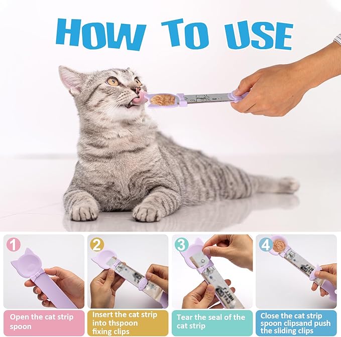 Cat Treat Dispenser Cat Treat Spoon Squeeze 8PCS Lickable Cat Holder with Cat Strip Feeder Spoon and Temptations Licky Treats Happy Cat Tube and Squeeze Up Cat Food Spoons for Wet Food (Cat Tail)