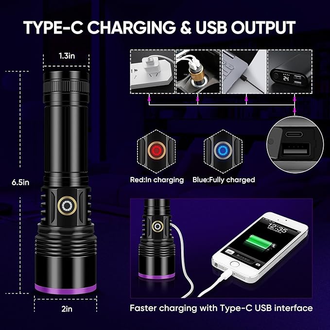 30W 365nm UV Flashlight USB Rechargeable UV Light High Power Black Light Flashlight for Pet Urine Detection, Resin Curing, Minerals, Blood tracking, Scorpion, Rockhounding,Yooperlites,A/C Leak Detect