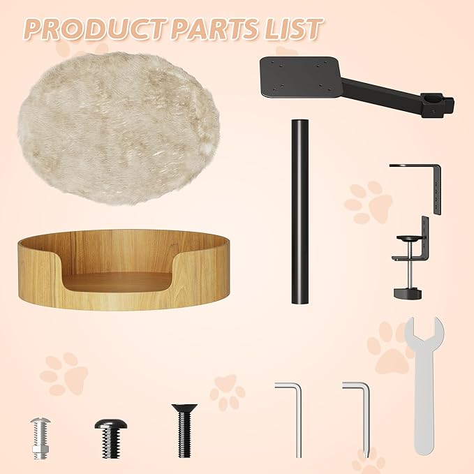 Cat Desk Bed – Cat Bed for Indoor Cats with Adjustable Height&360° Rotation, Elevated Desk Nest Cats Beds for Table, Desktop Cat's Hammock for Small Space, Wooden Cat's Bed Desktop Kitten Furniture