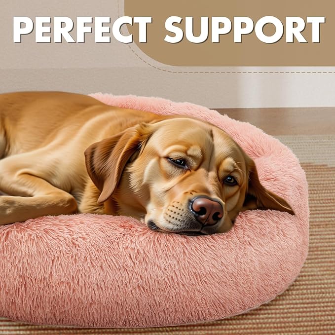 Athena Collection Washable Dog Bed Large Size Dog, Cat Bed for Indoor Cats, 36 Inches Fluffy Faux Fur Round Pet Bed Calming Cozy Soft Warming Donut for Large Size Pet, Pink