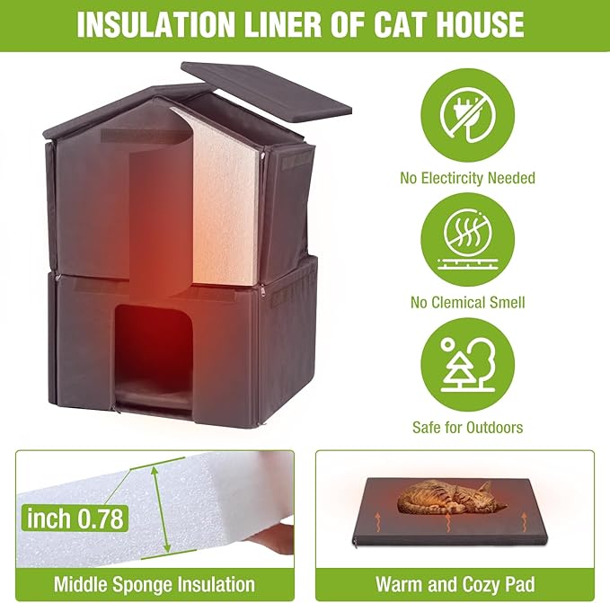 GUTINNEEN Insulated Cat House Outdoor Weatherproof Feral Cat Shelter for Winter, Two-Story Kitten House with Escape Door