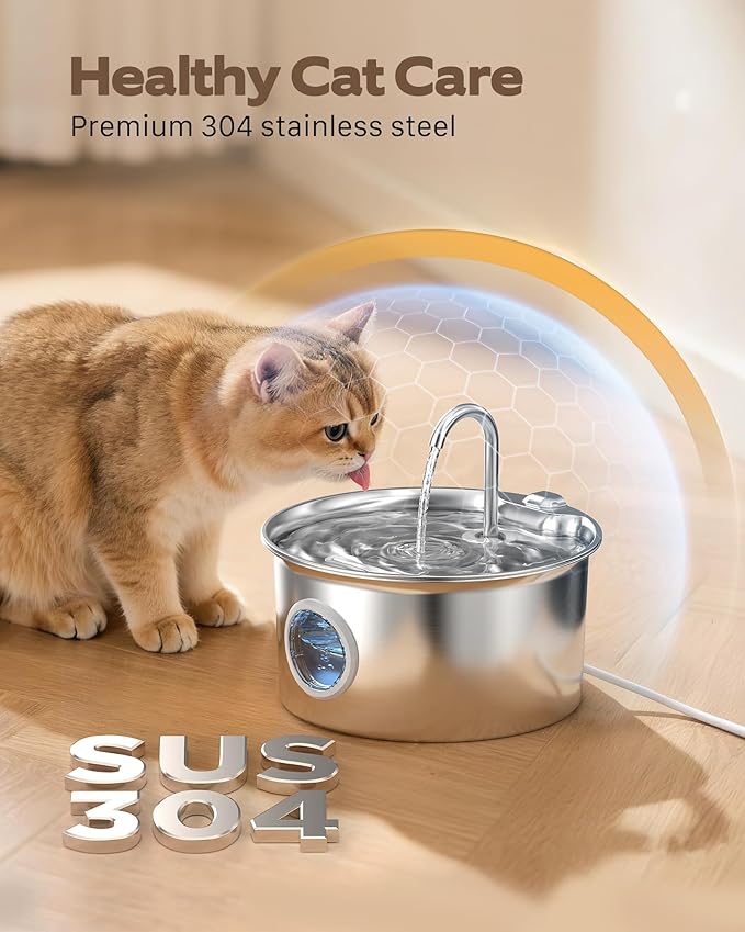 Stainless Steel Cat Water Fountain: Cat Fountain for Drinking - 88oz/2.6L Pet Water Fountain for Cats Inside- Silent Cats Water Bowl Dispenser - Kitty Drinking Fountains - 6 Filters + 3 Sponges