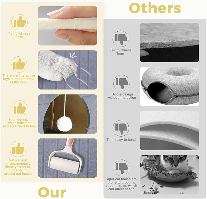 Babepets Cat House for Indoor Cats, Large Felt Bed Cave with Ball Hanging, Foldable Cat Condo, Scratch Resistant Peekaboo Hideaway for Multiple Pets up to 20Lbs, Cat Tunnel Enclosed Bed, Grey