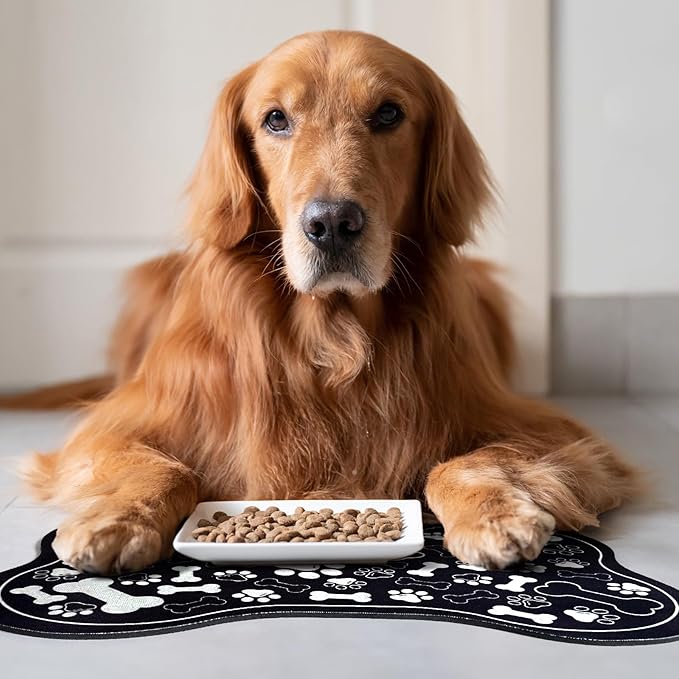 Dog & Cat Food Mat Bone Shaped Pet Feeding Mat Quick Absorb Water Bowl Placemat with Rubber Backing Indoor Floor Stain Resistant Pet Accessory Supplies (Black Small, 12x18 Inches)