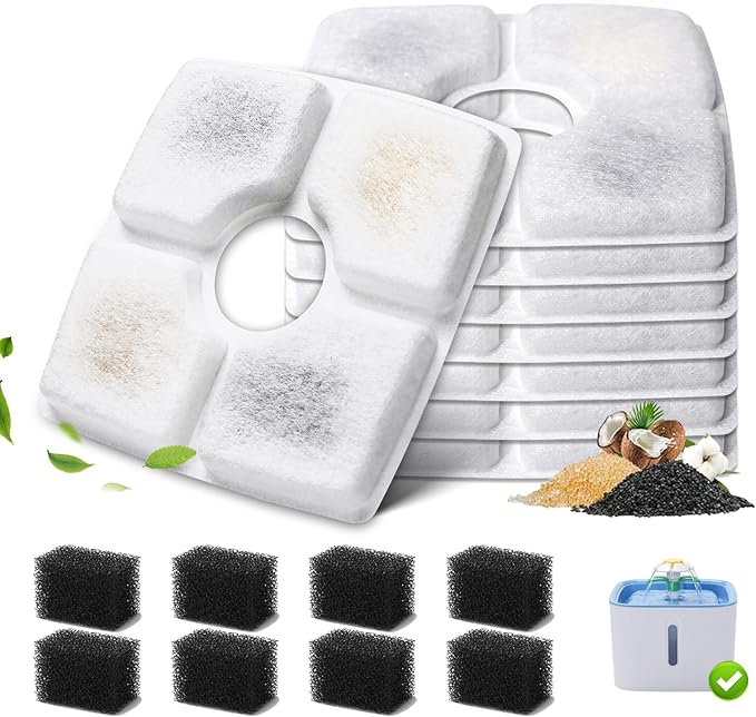 8-Pack Cat Water Fountain Filter Replacement & 8-Pack Pre-Filter Sponges for Square 84oz/2.5L Automatic Cat Fountain Dog Water Dispenser, Triple Filtration System Activated Carbon for Pet Fountain