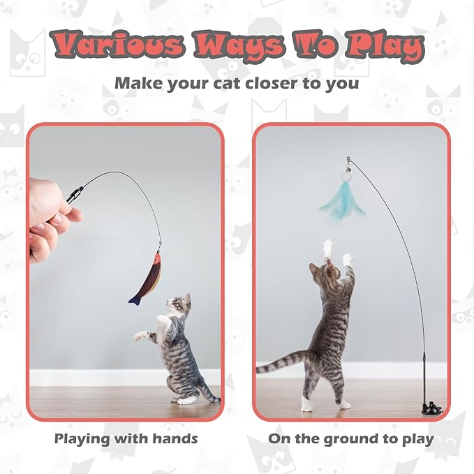 Cat Toys for Indoor Cats,Interactive Cat Toys for Bored Indoor Adult Cats 7 Pack Cat Teaser Cat Toys, 2 Pack Flexible Steel Wire and 4 Pcs Replacement Feather Refills with Balls and Birds