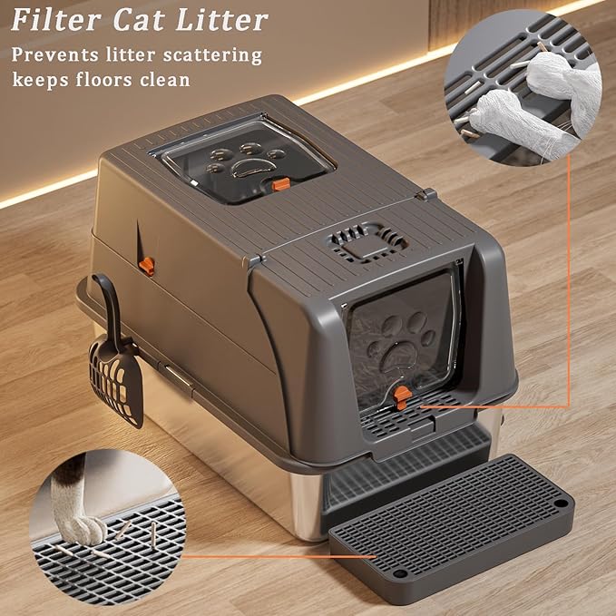 Stainless Steel Litter Box with Lid, 180° Flip-Top Extra Large Enclosed Litter Box, Anti-Leakage Covered Cat Litter Pan with Litter Scoop, Filter Pedal, Odor Free, Front and Top Dual Entry