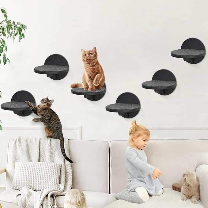 Y&ME 6-Pack Cat Climbing Shelves with Scratching Pad and Wall Mount for Cats to Sleep, Climb and Play (Black)