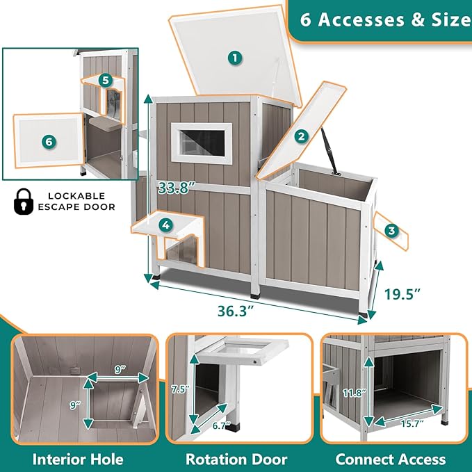 Cat Houses for Outdoor Cats Outside Feral Cat Shelter Weatherproof Wooden Cat Houses for 2-3 Cats with 3 Rooms 3 Escape Doors 2 Openable Asphalt Roofs