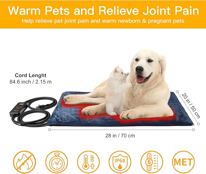 Toozey Pet Heating Pad, 6 Adjustable Temperature Dog Cat Heating Pad with Timer, Waterproof Heated Dog Bed with Chew Resistant Cord, Indoor Electric Pet Heated Mat 28x20in